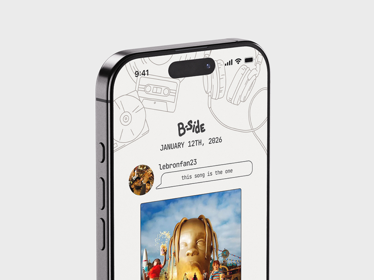 B-Side mobile interface displayed on an iPhone mock-up