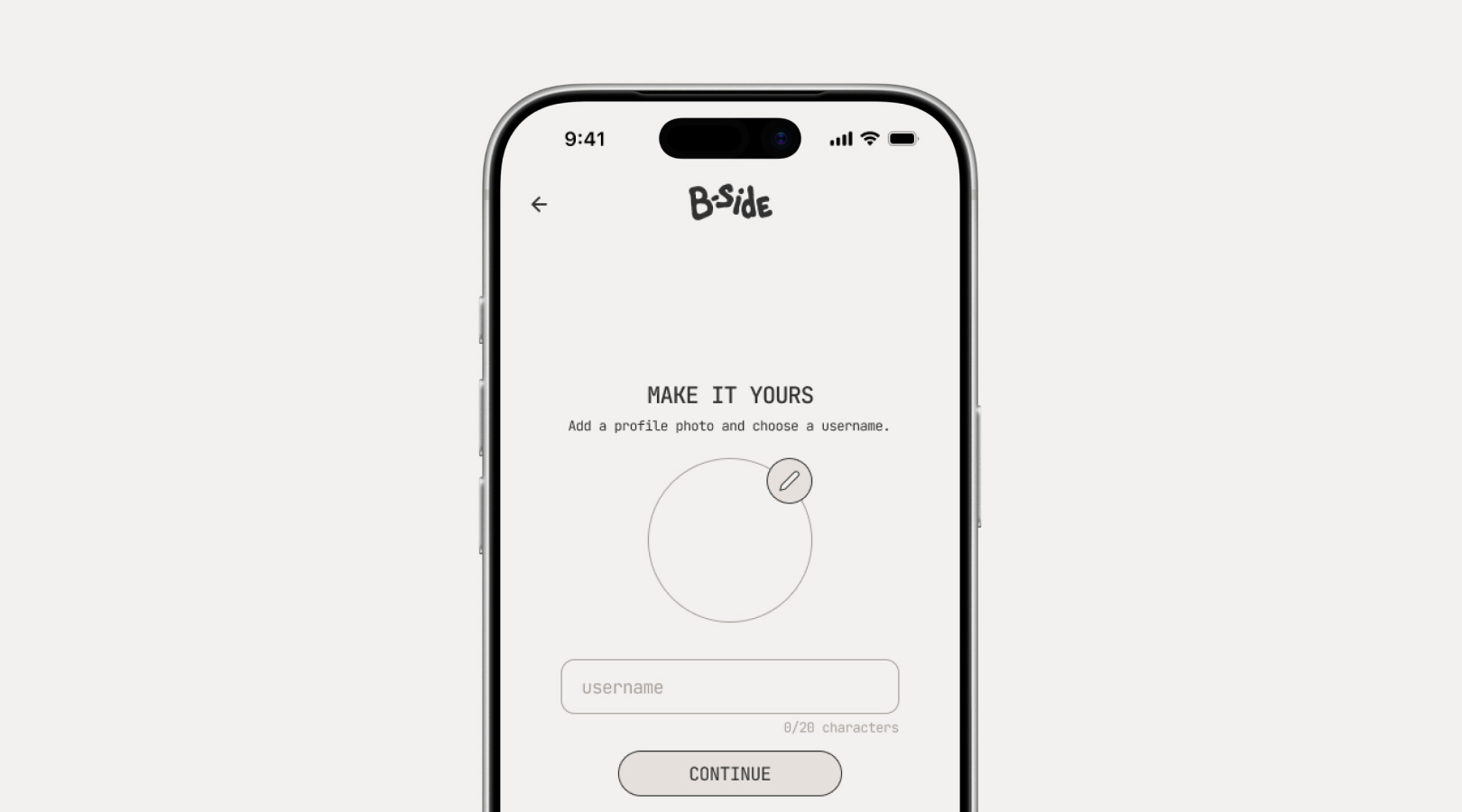 B-Side onboarding page where users can set up a profile with a username and profile picture