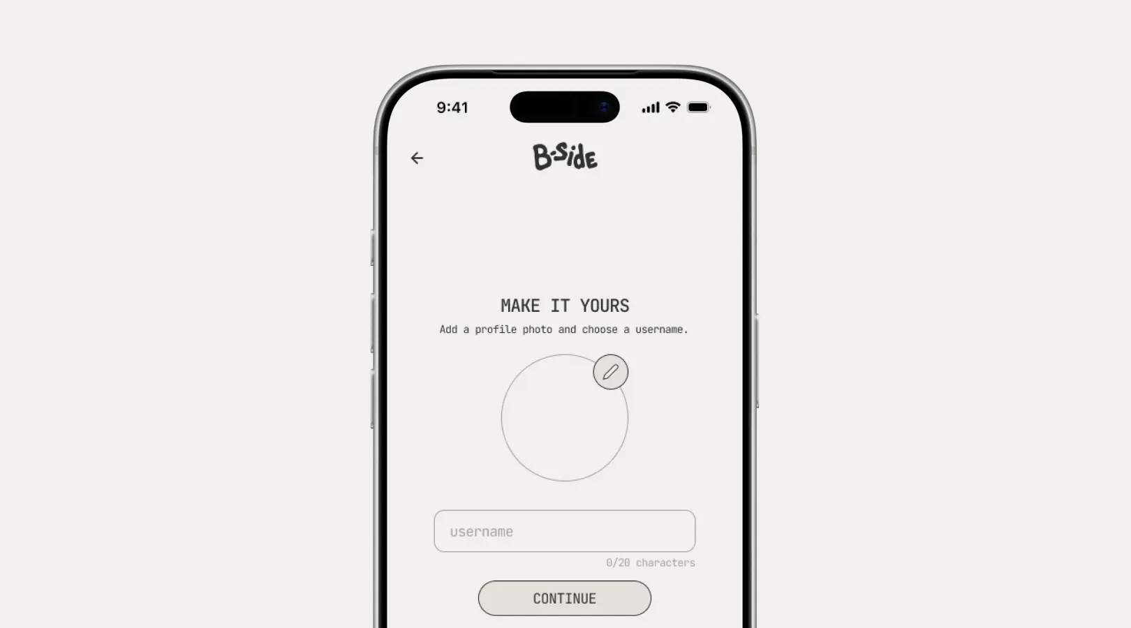 B-Side onboarding page where users can set up a profile with a username and profile picture