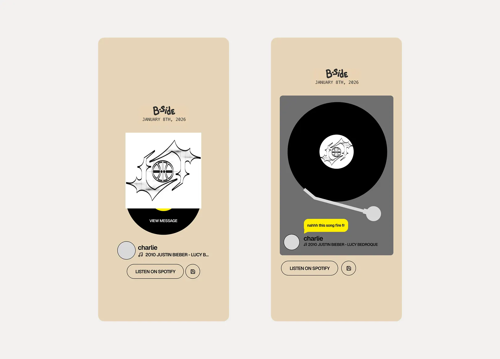Early concept of B-Side home page with a friend sharing a song and a note