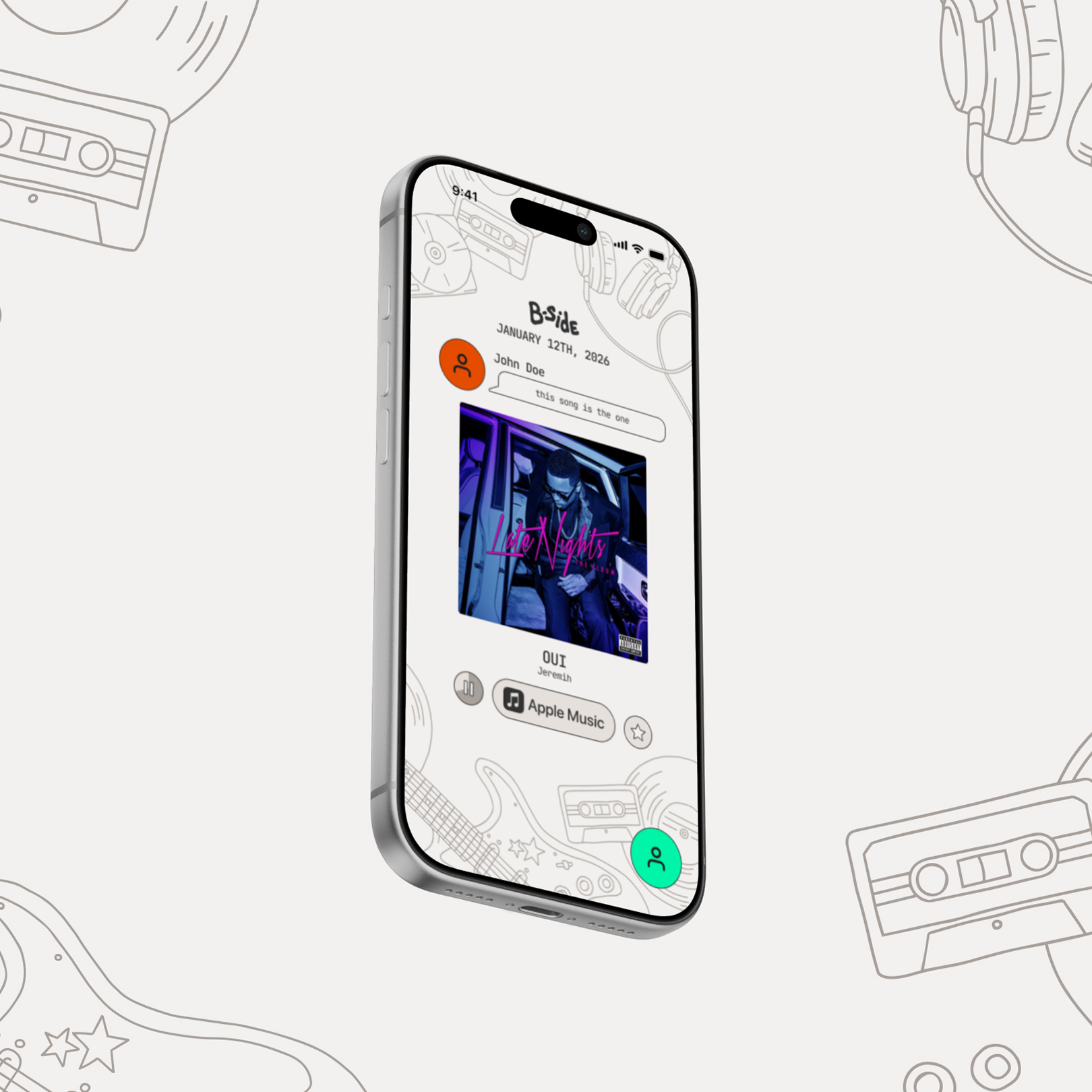 Sample render of B-Side home page with a friend sharing a song and a note