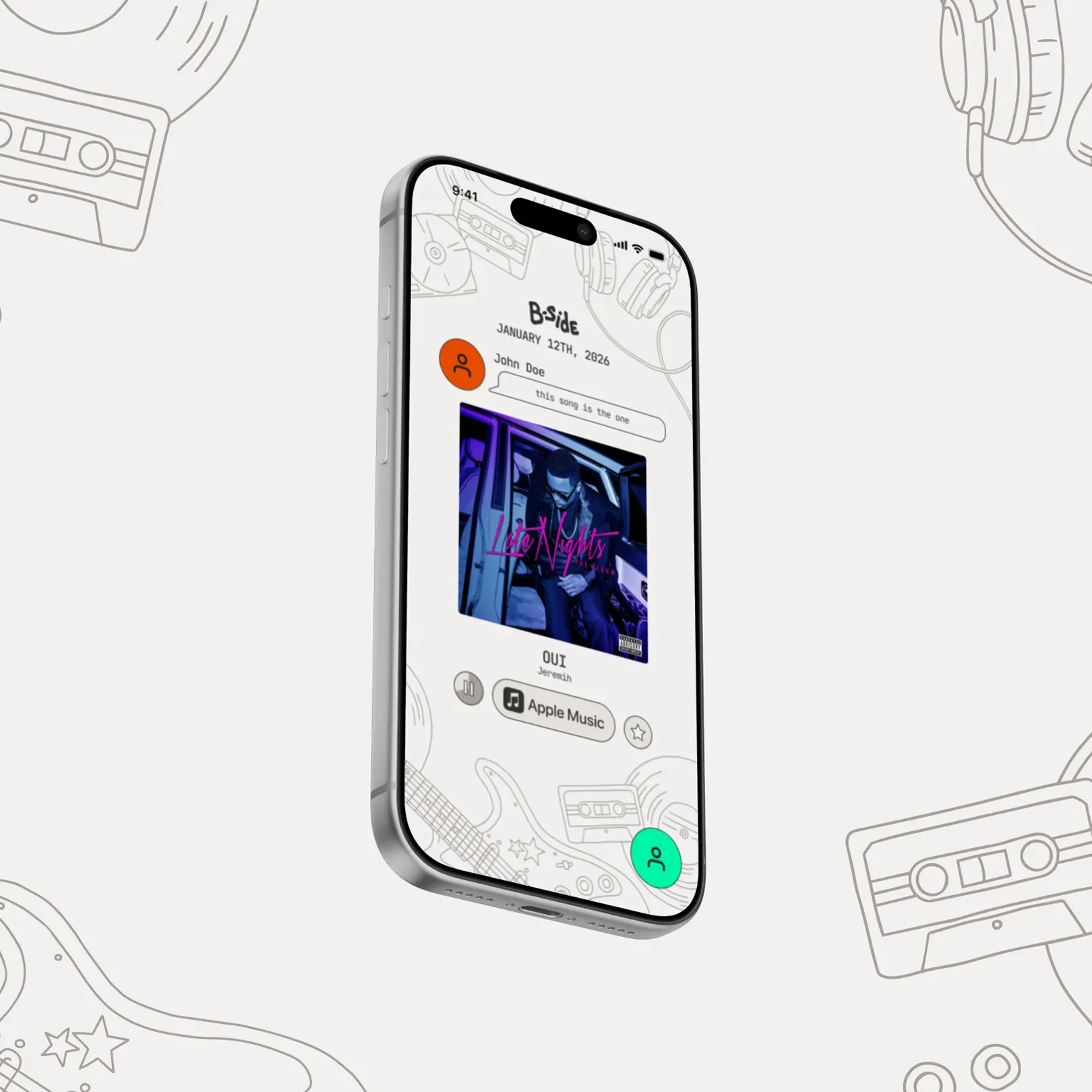 Sample render of B-Side home page with a friend sharing a song and a note